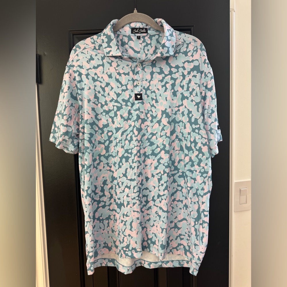 Bad Birdie Teal and Pink Camo Pattern Polo Shirt NWOT